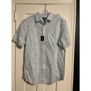 Club Room Mens Medium White Blue Pinstripes W Boats Short Sleeve Button Shirt